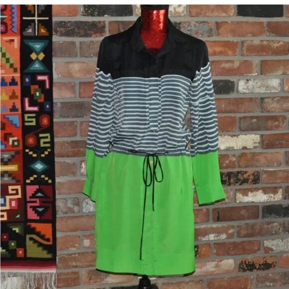 Diane Von Furstenberg Dresses & Skirts - Diane Von Furstenberg Black, Gray Stripe & Neon Green Long Sleeve Dress
